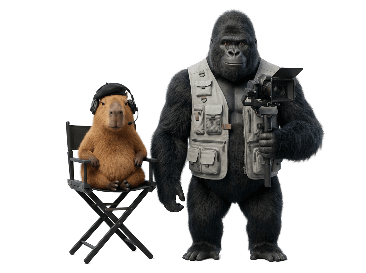 Capivara diretora e gorila cinegrafista representando uma equipe de produção